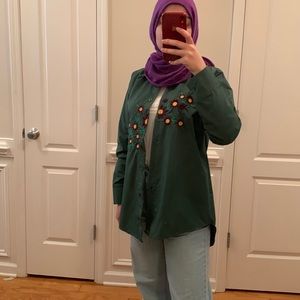 Green Floral Embroidery Button-Down Shirt